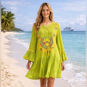 Riviera Sun Embroidered Boho Dress Tunic Green | Cruise Resort Festival | M